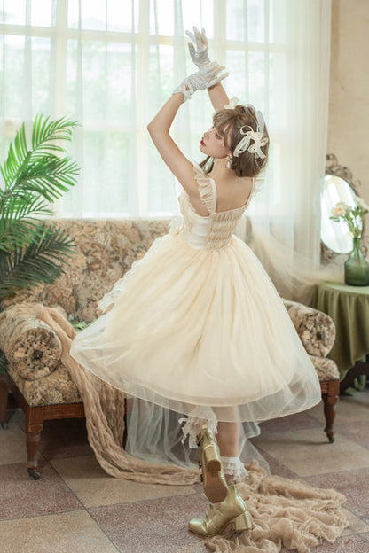 Sweet Lolita JSK Gown with Ruffled Straps, Bow & Sleeveless Design