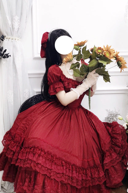 Crimson Vintage Lolita Dress with Puff Sleeves and Layered Ruffles