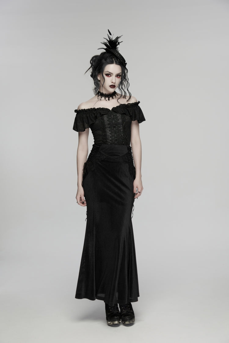Lace-Up Slim Embroidered Elegant Long Gothic Skirt for Women