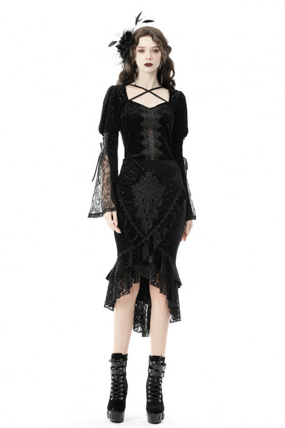 Women's Gothic Dovetail Wrap Skirt with Lace and Lace-Up in Black Jacquard