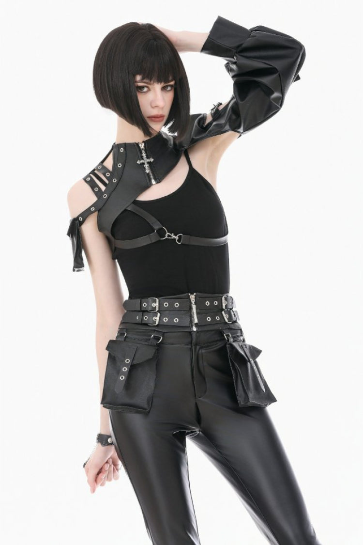 Women's Punk Leather Belt with Eyelet Buckle, Zipper and Side Pouches