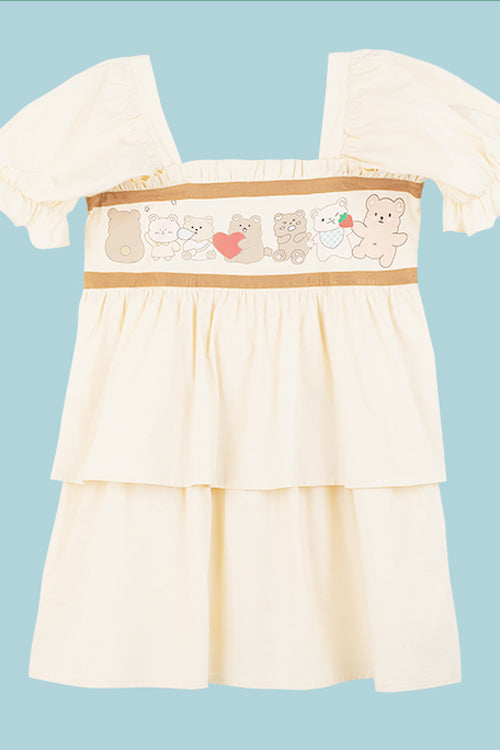 Vintage Sweet Lolita Gown with Bear Print, Square Neck & Ruffled Sleeves