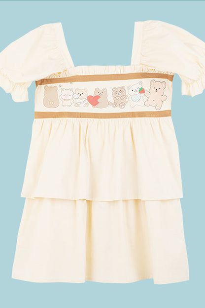 Vintage Sweet Lolita Gown with Bear Print, Square Neck & Ruffled Sleeves