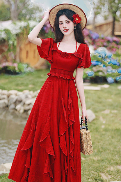 Crimson Halterneck Vintage Lolita Long Skirt Set with Ruffles
