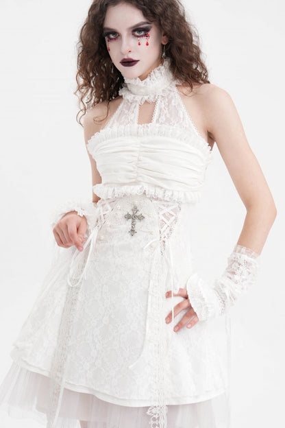 Ivory Bow Lace-Up Mesh Eyelet Gothic Palace Arm Sleeves