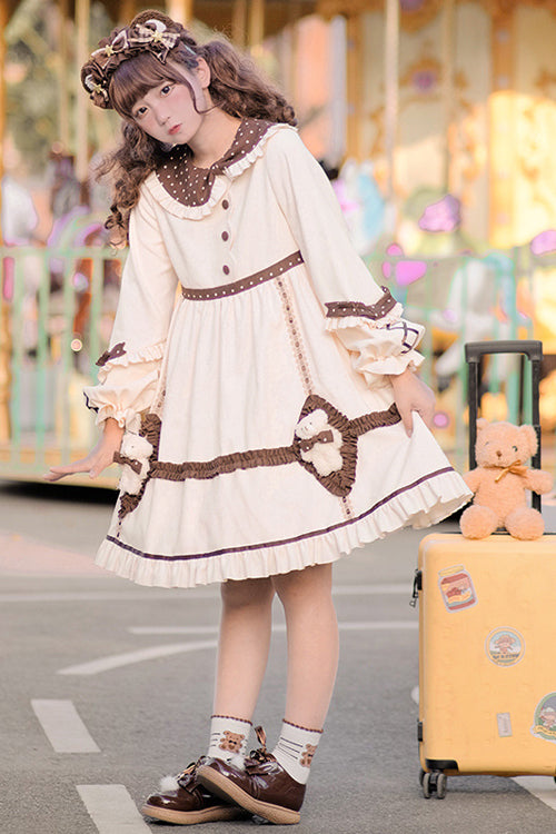 Sweet Lolita OP Gown with Round Collar, Lantern Sleeves & Cute Bear Motif