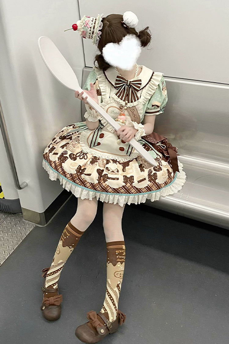 Peppermint Chocolate Cake Bear Print Lace-Up Lolita Dress with Bow - Sweet