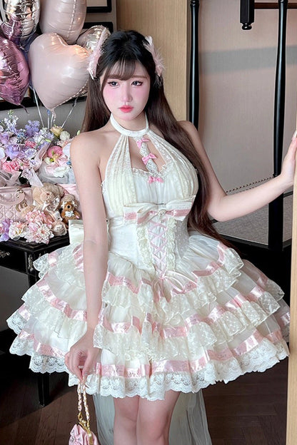 Sweet Princess Lolita Frocks with Halterneck Ruffles & Lace-Up Bows in Cream