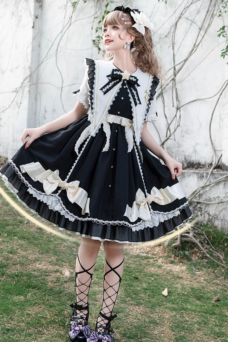 Sweet Lolita Ruffle Lace Stitch Dress with Bow