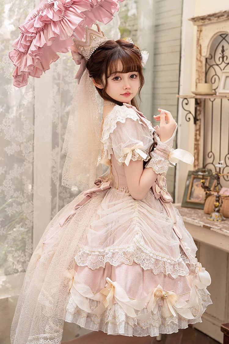 Blush Short-Sleeve Multi-Tier Ruffle Bow Lace Dress (2 Versions) - Girls' Day