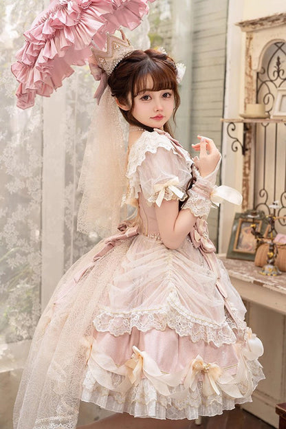 Blush Short-Sleeve Multi-Tier Ruffle Bow Lace Dress (2 Versions) - Girls' Day