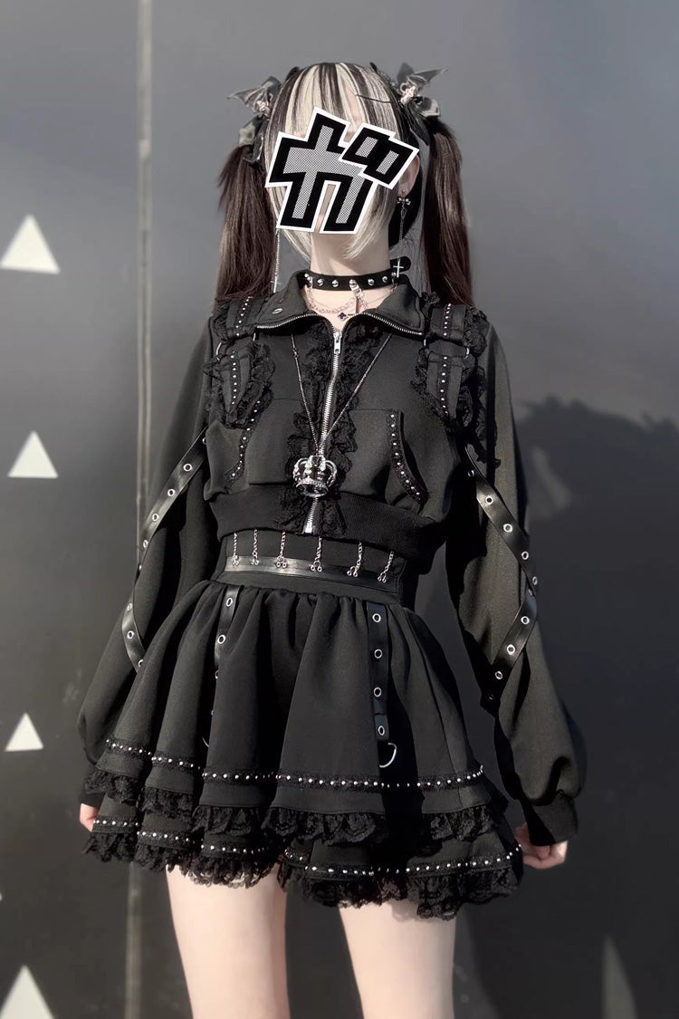Japanese Handsome Skirt Set with Ruffled Lace and Zipper in Black