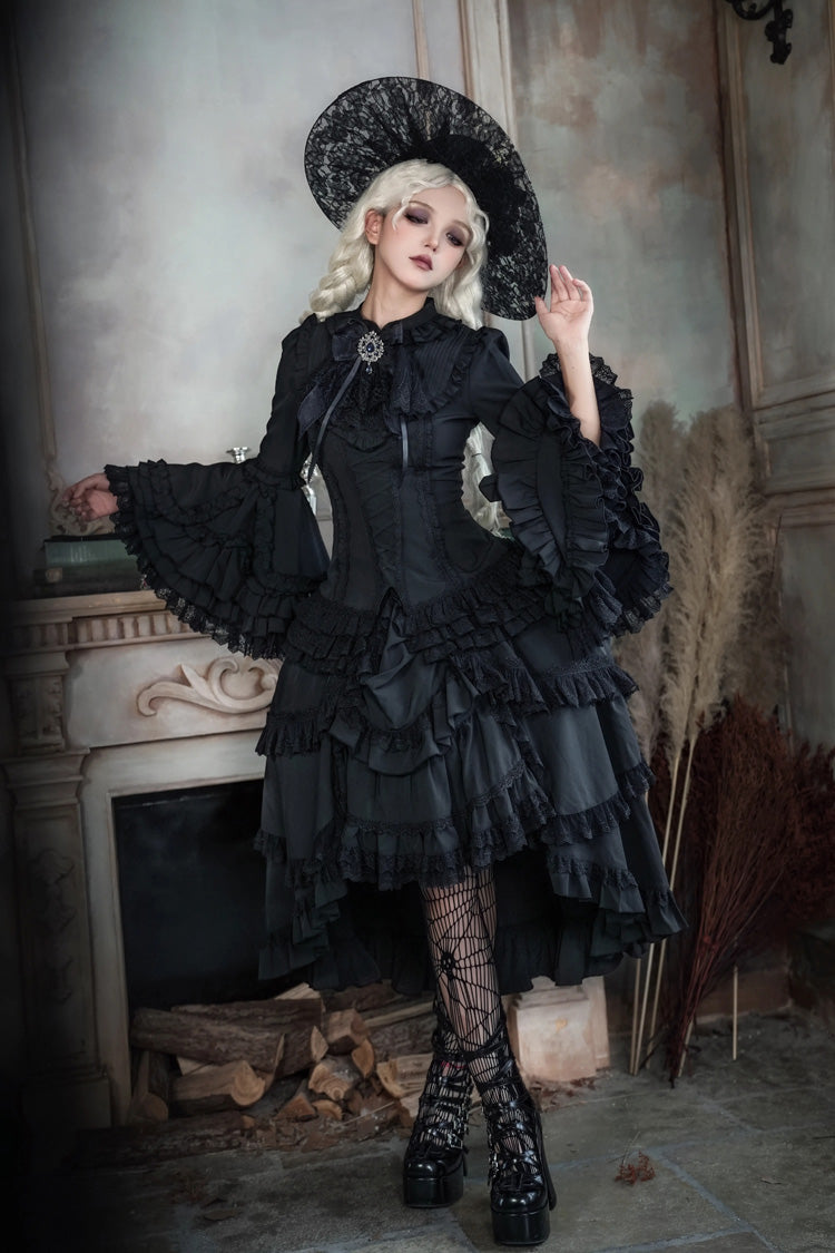Ebony Flared Sleeve Tiered Lace-Up Bow Gothic JSK Ensemble - Immortal Phoenix