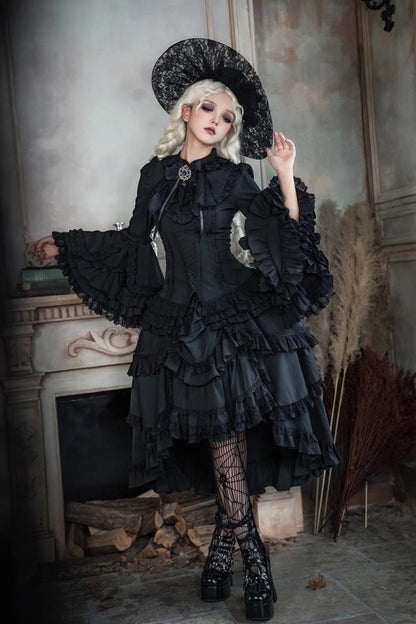 Ebony Flared Sleeve Tiered Lace-Up Bow Gothic JSK Ensemble - Immortal Phoenix