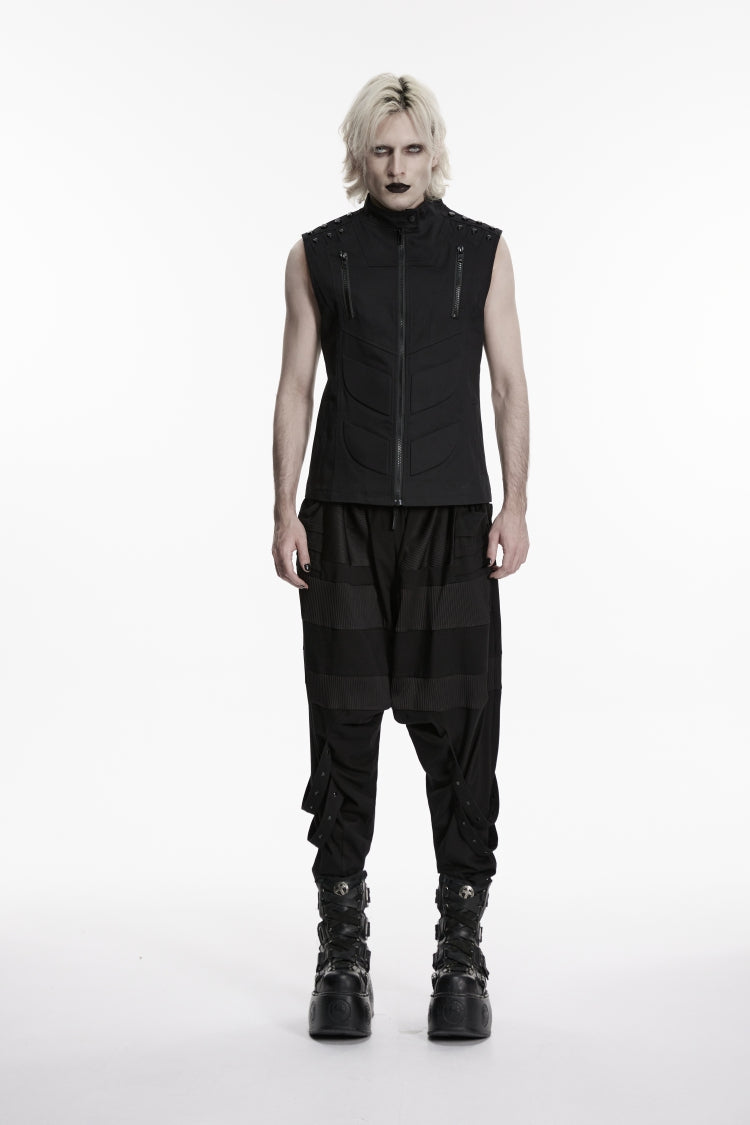 Men's Black Punk Vest, Sleeveless with Studs and Zip Front