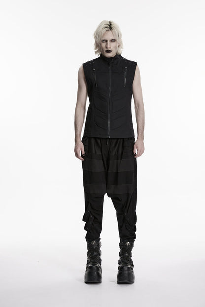 Men's Black Punk Vest, Sleeveless with Studs and Zip Front