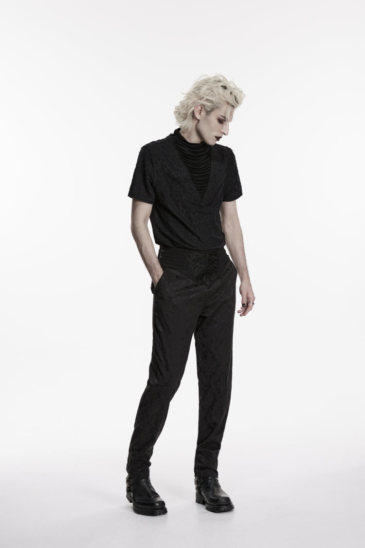 Slim Pleated Embroidered Gothic Pants for Men in Black