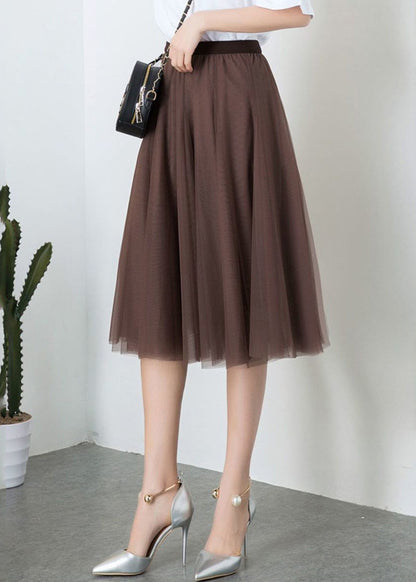 Fashion Brown High Waist Exra Large Hem Tulle Pleated Skirt Spring TT1034