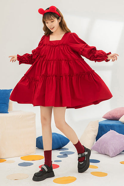 Crimson Square-Neck Sweet Lolita OP Dress with Ruffles and High Waist