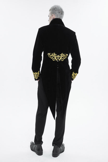 Crimson & Charcoal Vintage Emblem Stitched Swallow-Tail Goth Overcoat