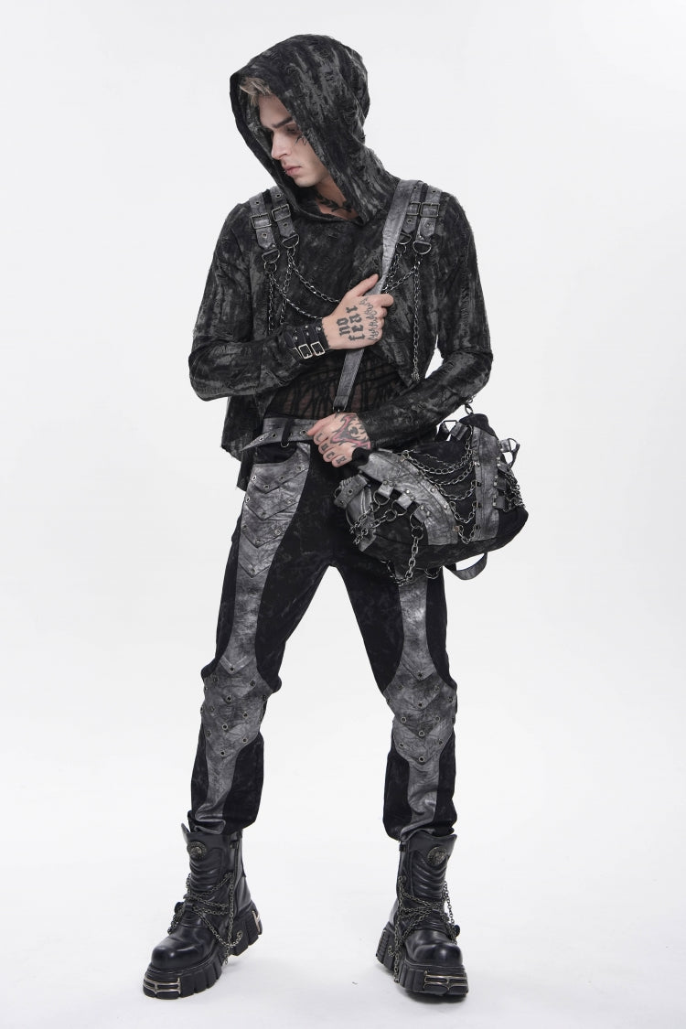 Ebony Long-Sleeve Hooded Sheer Ripped Faux Two-Piece Zip Eyelet Punk Tee