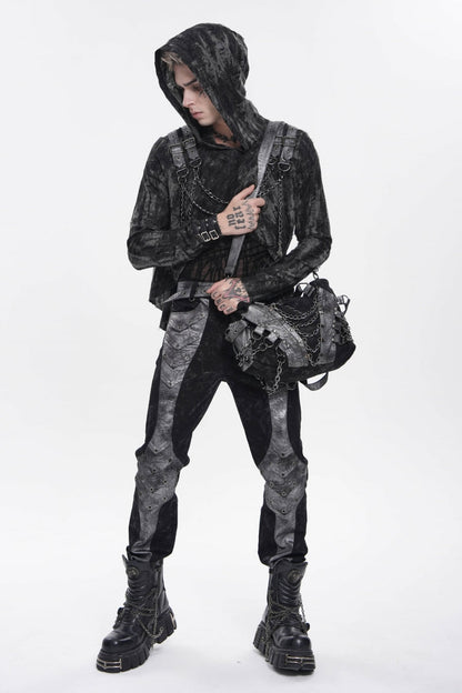 Ebony Long-Sleeve Hooded Sheer Ripped Faux Two-Piece Zip Eyelet Punk Tee
