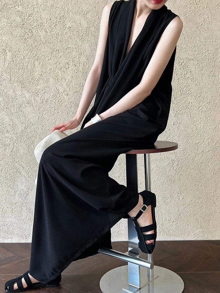 Pockets with Draped Sleeveless Dress Elegant Midi