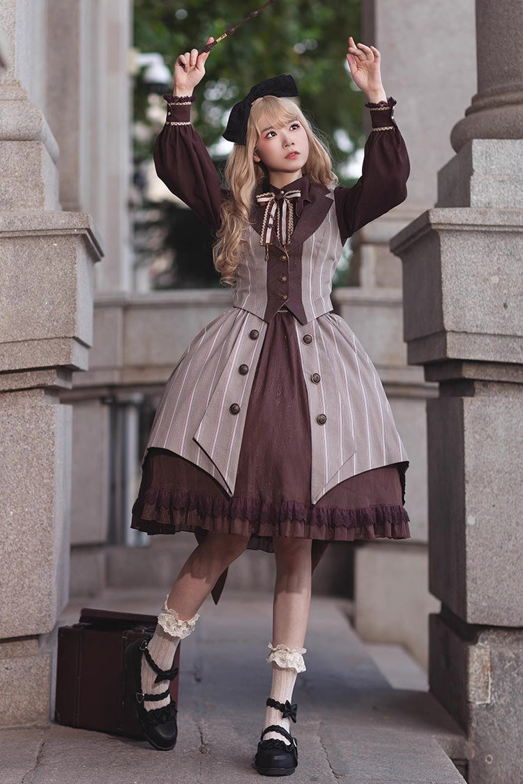 Witch's Notes Ruffle Cardigan Classic Lolita Skirt - Brown Grey