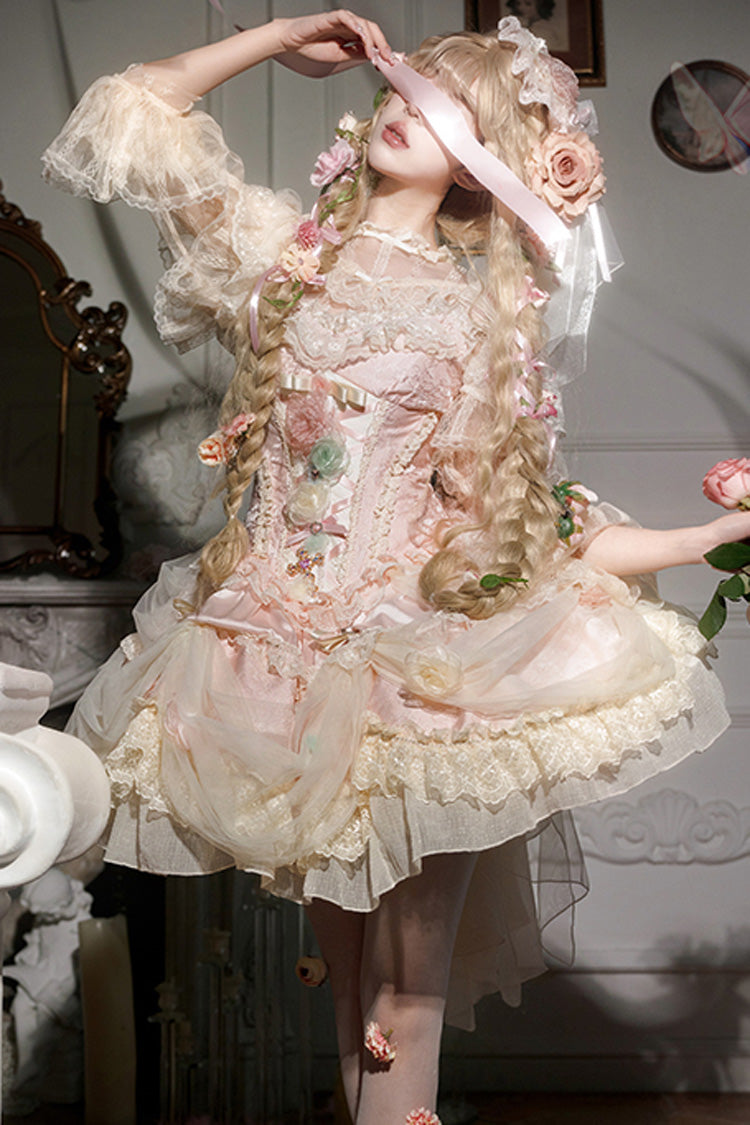 Blush Ruffled Embroidered Bow Lace Fishbone Princess JSK
