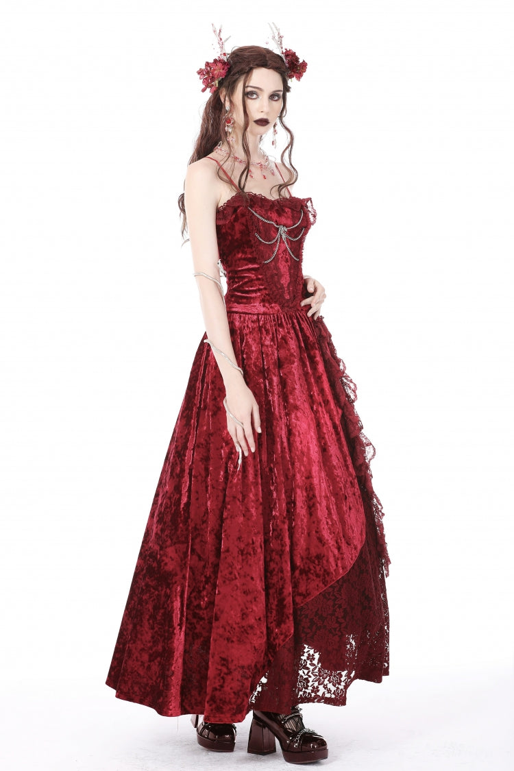 Crimson Sleeveless Gothic Velvet Slip Maxi Dress with Lace and Chains