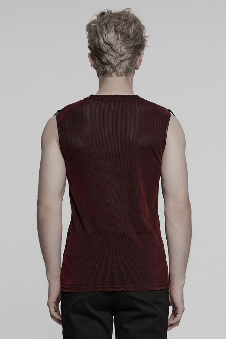 Crimson & Obsidian Round Collar Sheer Mesh Color Matching Rivet Punk Vest