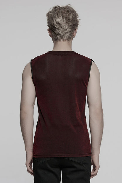 Crimson & Obsidian Round Collar Sheer Mesh Color Matching Rivet Punk Vest