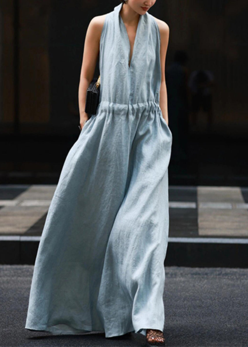 New Robe Dresses Pockets Solid Blue Linen Light Waist Tie
