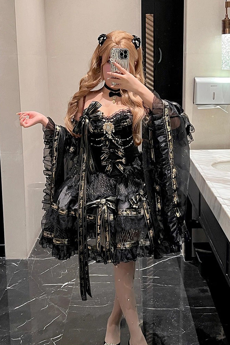 Ebony Sleeveless Tiered Bow Pearl Princess Gown - Golden Obsidian Night