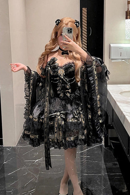 Ebony Sleeveless Tiered Bow Pearl Princess Gown - Golden Obsidian Night