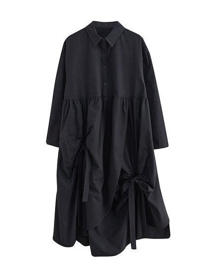 Robe chemise noire élégante à revers boutonnée avec cordon de serrage et poches plissées nouées et manches WS004 