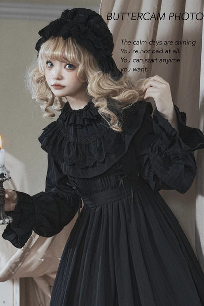 Ebony Long-Sleeve Double-Layered Bow Lace-Up Sacred Gown - Good Night