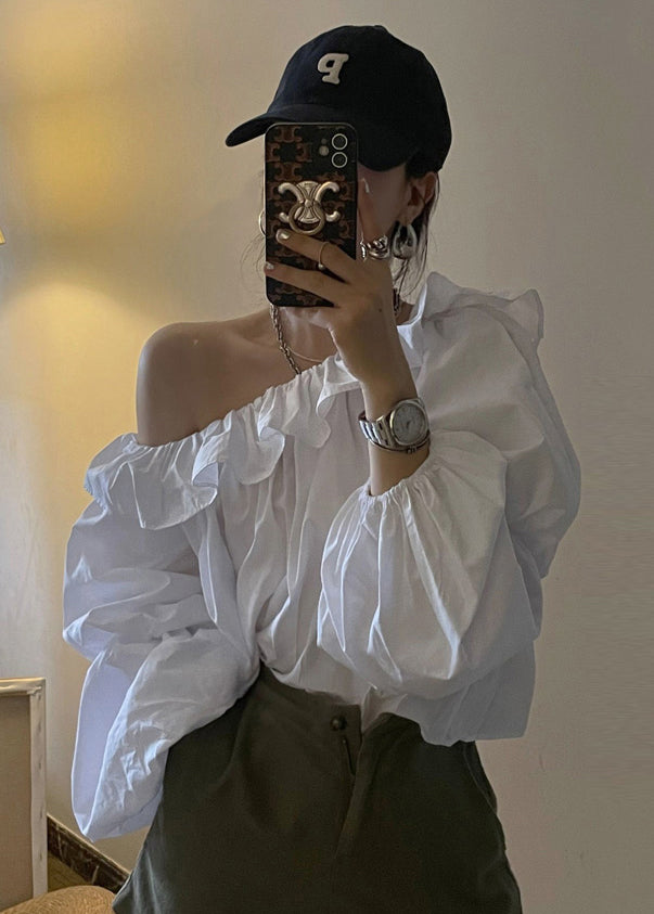 Cold Blouse Puff Sleeve French Shoulder Cotton White Top