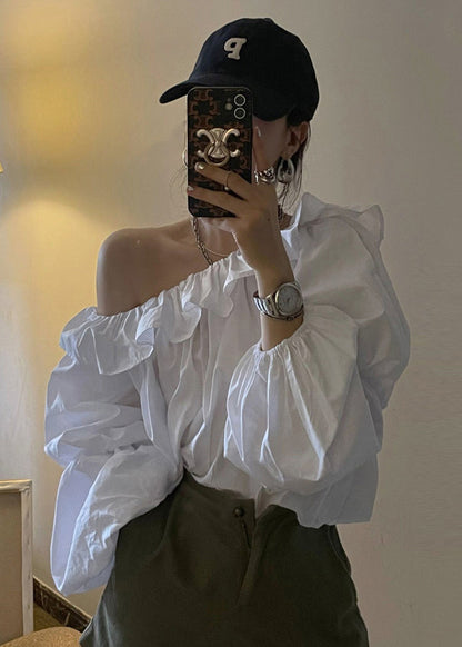 Cold Blouse Puff Sleeve French Shoulder Cotton White Top
