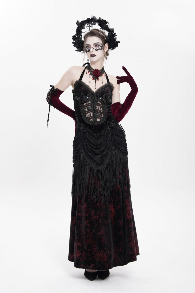Crimson Gothic Maxi Dress with Floral Embroidery and Lace-Up Pleats