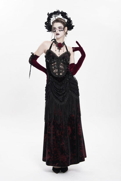 Crimson Gothic Maxi Dress with Floral Embroidery and Lace-Up Pleats