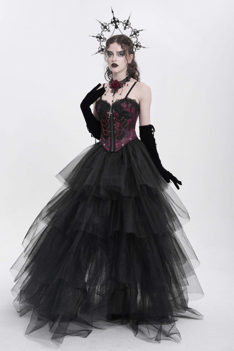 Crimson Gothic Vest with Embroidery Lace and Chain Details
