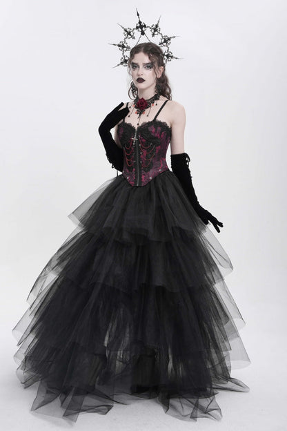 Crimson Gothic Vest with Embroidery Lace and Chain Details