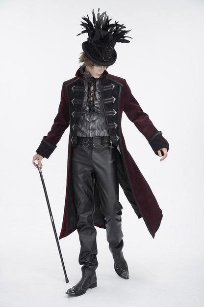 Crimson High-Neck Slim-Fit Gothic Coat with Embroidered Long Sleeves