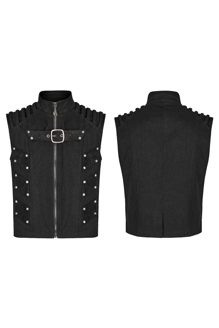 Men's Steampunk Black Vest, Sleeveless with Stitching and Buckle Details