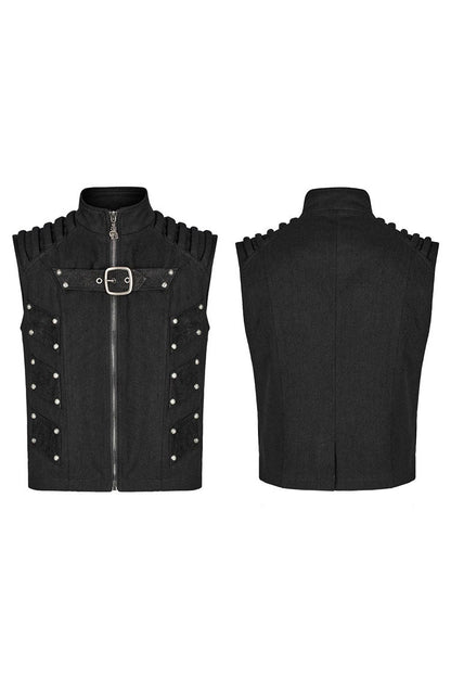 Men's Steampunk Black Vest, Sleeveless with Stitching and Buckle Details