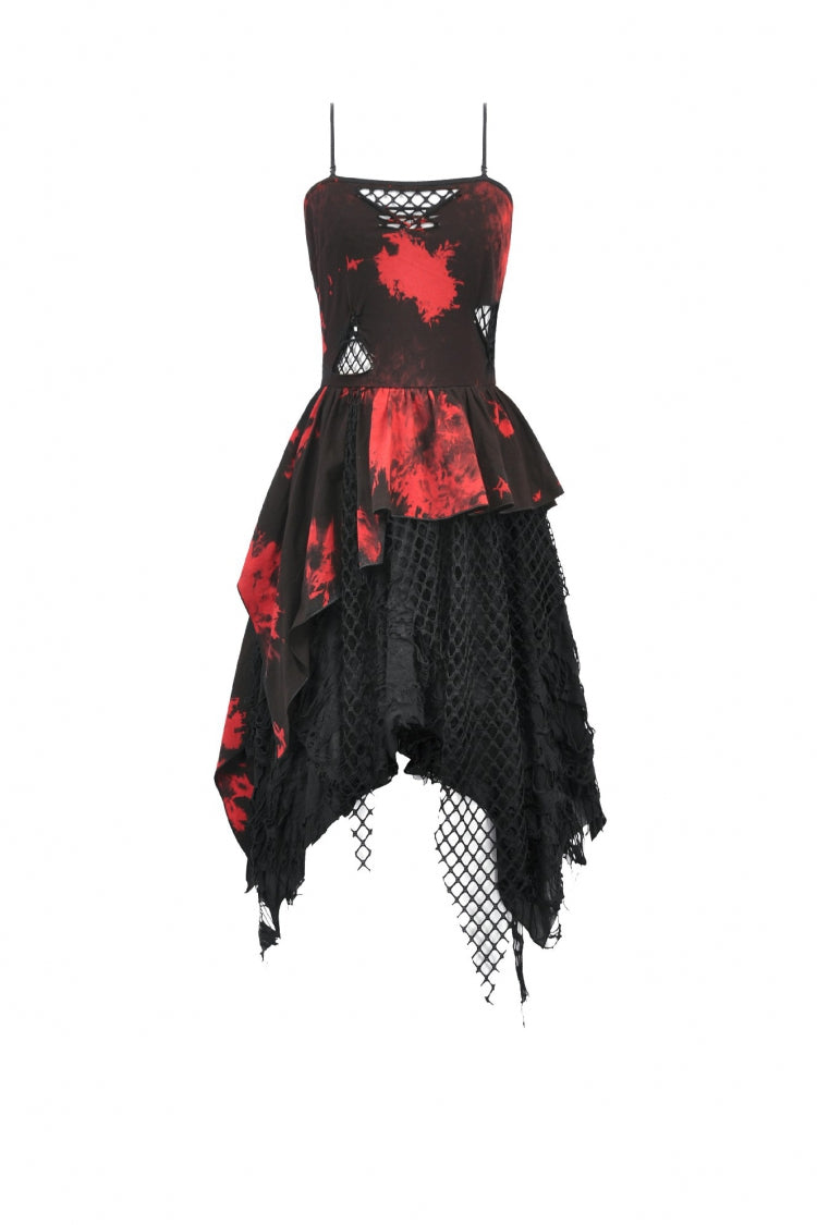 Crimson & Obsidian Sleeveless Irregular Mesh Tie Dye Punk Slip Dress