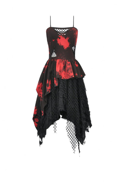 Crimson & Obsidian Sleeveless Irregular Mesh Tie Dye Punk Slip Dress