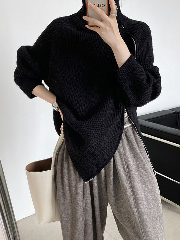 Urban Grey Halter-Neck Split-Side Zip-up Long Sleeve Sweater AN1033