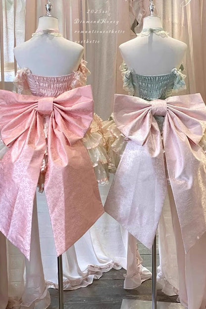 Emerald Halterneck Multi-Layer Ruffle Bow Rose Lace Lace-Up Sweet Ballet Lolita Jumper Dress